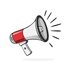 Poster - Illustrated white and red megaphone broadcasting loudly with hand drawn style and loud directional sound waves