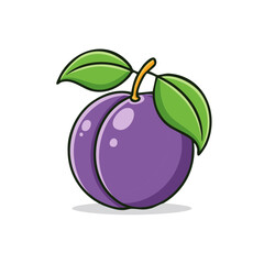 Poster - Cartoon Plum Fruit Illustration with Green Leaves and Glossy Surface Isolated on White