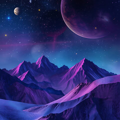 Wall Mural - The image depicts a vibrant abstract landscape with geometric mountains and celestial bodies.