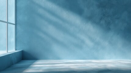 Poster - Minimal abstract light blue background for product presentation. Shadow and light from windows on plaster wall, white background.