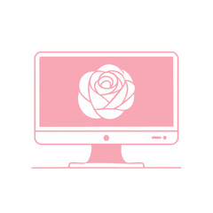 Poster - Desktop Computer with a Rose on the Screen in Light Pink. Vector Outline.