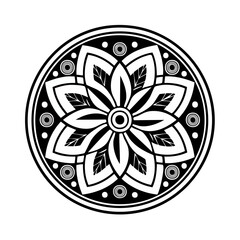 Poster - Circular floral mandala illustration with leaf design, geometric shapes and black & white contrast
