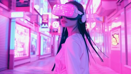 Poster - A woman wearing a virtual reality headset is standing in a brightly lit room. The room is decorated with neon lights and the woman is in a futuristic setting