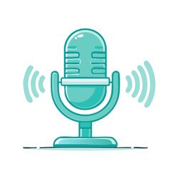 Poster - Turquoise Vintage Microphone Broadcast, Podcasting Equipment with Sound Waves
