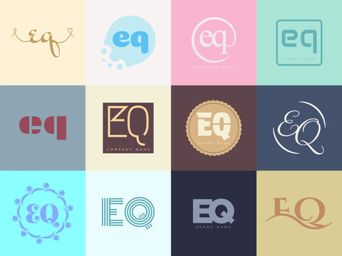 EQ logo company template. Letter e and q logotype. Set different classic serif lettering and modern bold text with design elements. Initial font typography.