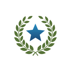 Poster - Elegant laurel wreath circle surrounding a gradient blue star emblem on a bright white background
