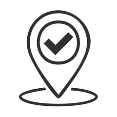 Poster - Location marker symbol with check mark, pointer icon with accepted sign, geo positioning and approval