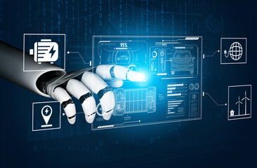 Poster - AI-Assisted Electric Vehicle and Energy Management System. Smart interface showing electric vehicle performance, battery system, and integration with renewable and grid-based energy sources Vouch