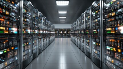 Poster - Rows of servers equipped with colorful lights occupy a spacious data center. The room is well-lit and organized, showcasing advanced technology in use.