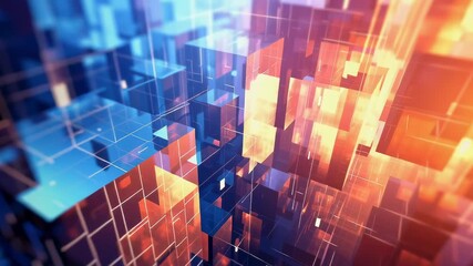 Fototapete - A computer generated image of a cityscape with a blue sky and orange and red buildings. The buildings are made of glass and are arranged in a grid pattern. Scene is futuristic and modern
