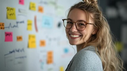 Poster - A woman with glasses and a ponytail is smiling at a white board with colorful sticky notes on it