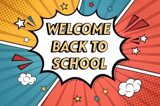 comic book-style graphic design announcing the start of school. Text 