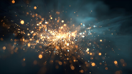 Poster - Golden particles exploding creating light rays on dark background