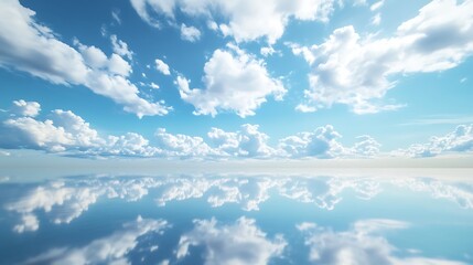Wall Mural - blue sky with fluffy clouds perfectly reflected on calm salt flat surface, surreal scene