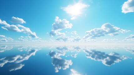 Wall Mural - clear salt flat horizon showing symmetrical reflection of bright blue sky and scattered clouds