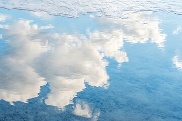 Wall Mural - high-contrast white salt crust patterns beneath reflective blue sky with motionless water