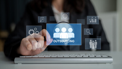 Poster - Outsourcing concept showing collaboration, delegation, global workforce, productivity, and task management through remote teams and external service providers Latch