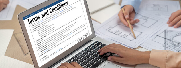 Poster - Digital legal contract provide terms and conditions document on computer screen ready for online digital signature for deal agreement of future business brisk