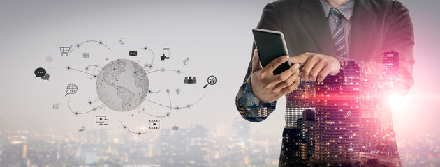 Poster - Visualization of global digital communication and online across multiple platforms, including global network, digital network, communication network, and online network. Vouch