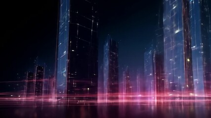 Aufkleber - Futuristic cityscape at night, pink light trails streak across glass skyscrapers reflecting city lights, suggesting speed, technology, and urban dynamism