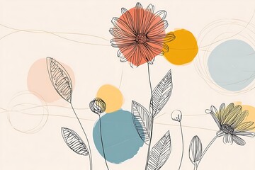 Wall Mural - minimalistic floral design with daisy flowers, buds, leaves, and abstract geometric shapes