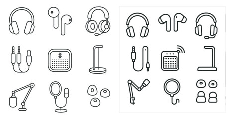 Leinwandbilder - Collection of headphones and other audio equipment. The headphones are of various shapes and sizes, and the accessories include a microphone, a speaker, and a Bluetooth device