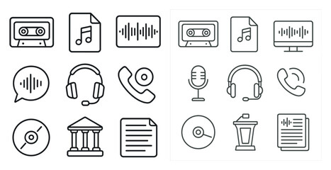 Leinwandbilder - Collection of icons for various media and communication devices. The icons include a microphone, a phone, a computer, a CD, a book, a CD case, a speaker, a microphone stand, a keyboard