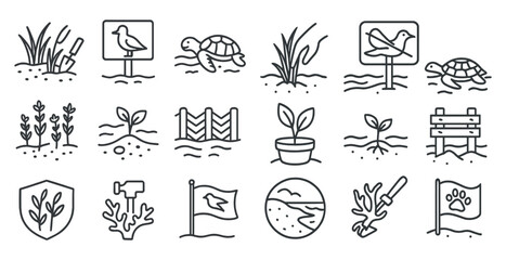 Leinwandbilder - Collection of various symbols and images, such as a turtle, a bird, and a flag, are displayed in a line drawing style. The images convey a sense of nature and the outdoors