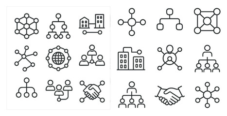 Poster - Set of icons that represent people and buildings. The icons are all connected to each other, showing a network of relationships