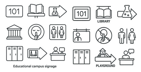 Leinwandbilder - Set of icons for a school campus. The icons include a library, a sign for 101, a sign for a playground, and a sign for a restroom