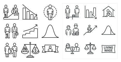 Leinwandbilder - Set of icons that include a scale, a graph, a person with a briefcase, a person with a hat, a person with a backpack, a person with a suitcase, a person with a tie, a person with a book, a