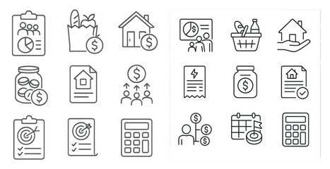 Aufkleber - Set of icons for money and finances. The icons include a jar, a house, a calculator, a shopping bag, a person, and a house
