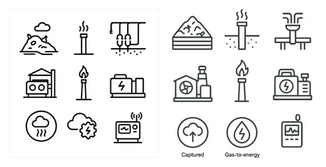 Poster - The first image shows a variety of industrial icons, including a power plant, a gas station, and a water treatment plant. The second image shows a similar set of icons, but with a more modern