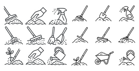 Poster - Set of tools for gardening and yard work. The tools include a rake, a shovel, a wheelbarrow, a watering can, and a spray bottle