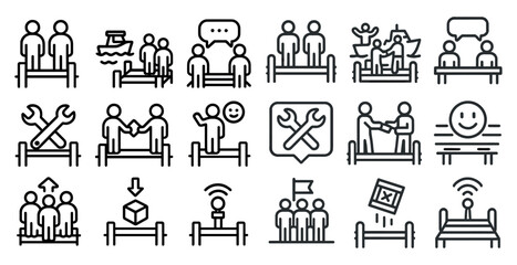 Leinwandbilder - Series of black and white icons depicting various activities and interactions between people. The icons include a handshake, a smiley face, a person fixing something, and a person sitting on a bench