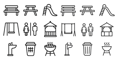 Leinwandbilder - Series of icons for a park, including a slide, a swing, a bench, a trash can, and a grill