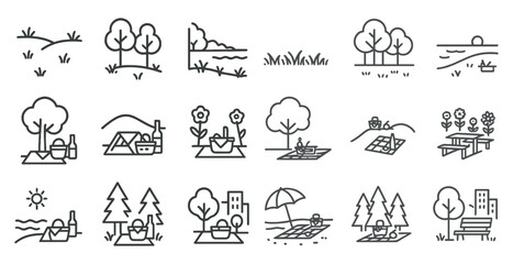 Poster - Series of images of parks and outdoor spaces. The first image shows a park with a picnic table and a bench