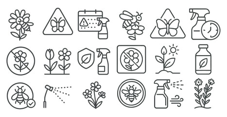 Leinwandbilder - Series of images and symbols related to gardening and plant care. The images include a spray bottle, a bee, a flower, and a butterfly. The symbols convey the importance of taking care of plants