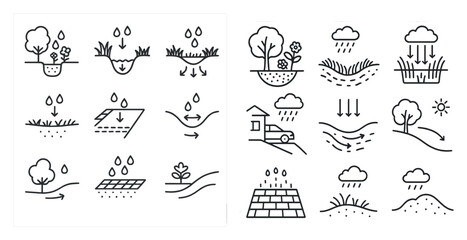 Poster - The first image shows a series of different types of landforms, such as hills, trees, and houses. The second image shows a series of different types of weather conditions, such as rain, snow