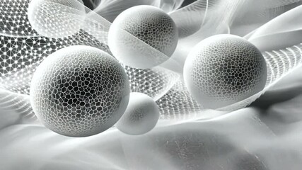 Abstract white spheres with honeycomb texture and wavy fabric background video clip