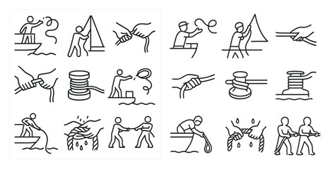 Poster - Series of black and white illustrations of people and objects related to boating and fishing. The mood of the images is lighthearted and playful, with a focus on the fun