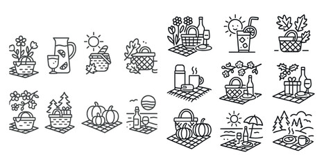 Poster - Set of images of various outdoor activities, including picnics, drinks, and baskets. The mood of the images is cheerful and relaxed, with a focus on enjoying the outdoors