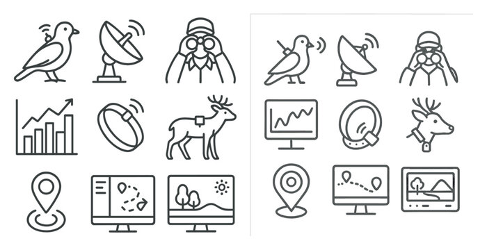 Set of icons for technology and nature. The icons include a bird, a deer, a satellite, a computer monitor, a cell phone, a computer mouse, a keyboard, a remote control, a map, a compass