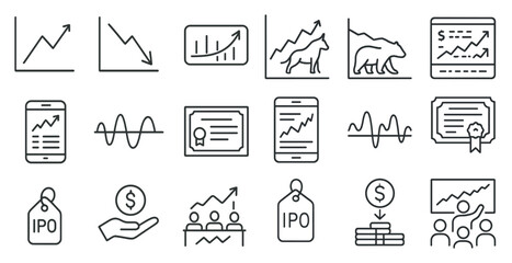 Poster - Set of icons for financial graphs and charts. The icons include a bear, a cell phone, a tablet, a dollar sign, a graph, a chart, a person, a hand, a price tag, and a person pointing