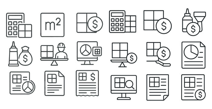 Set of icons for various office supplies, including a calculator, a computer, and a piece of paper