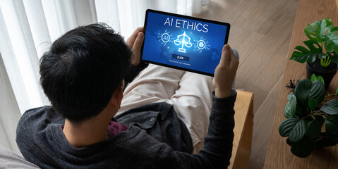 Poster - AI ethics responsibility standard law and rules on computer screen provide report of AI ethic transparency preventing technology crime. brisk