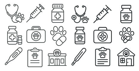 Leinwandbilder - Set of medical symbols including a stethoscope, syringe, and medicine bottles. The symbols are arranged in a grid and are all in black