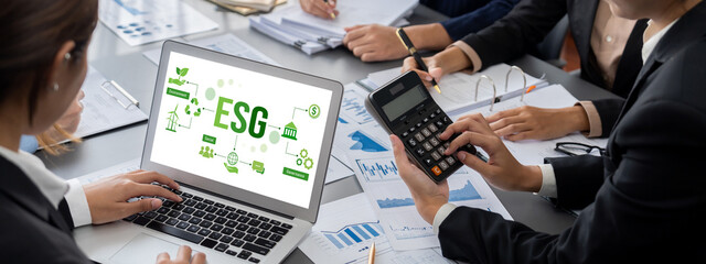 Poster - Business intelligence and data analysis concept. Analyst team working on financial data analysis dashboard on laptop screen as marketing indication for effective business strategic planning. Insight