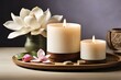 © Ирина Старикова - An aromatic diffuser, a burning candle, blooming magnolia flowers and perfumes on a wooden bamboo tray.