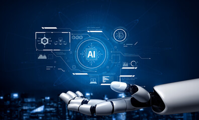 Poster - AI system interacting with artificial intelligence interface, processing data, executing algorithms, and enhancing automation with advanced artificial intelligence functions. Vouch